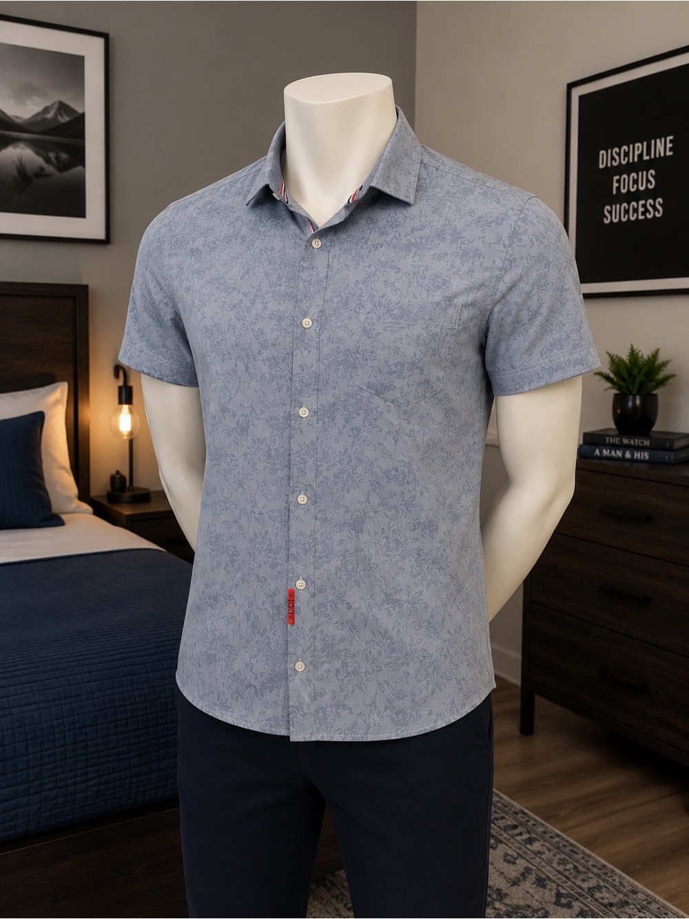 Report Collection Light Blue Short-Sleeve Floral Button-Down Shirt